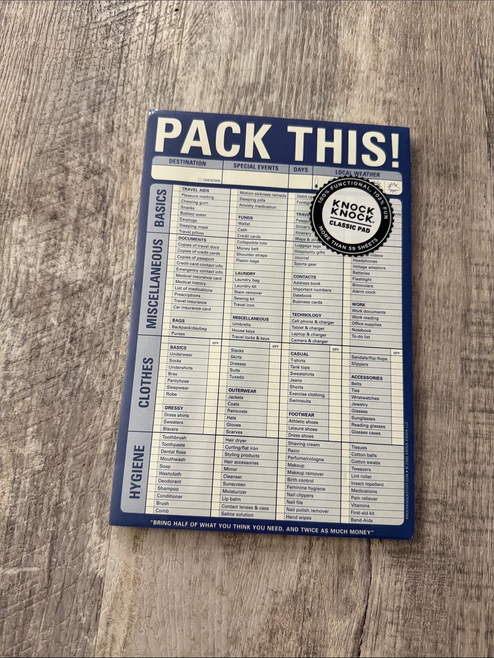 Knock Knock Blue "PACK THIS!" Travel Checklist Notepad